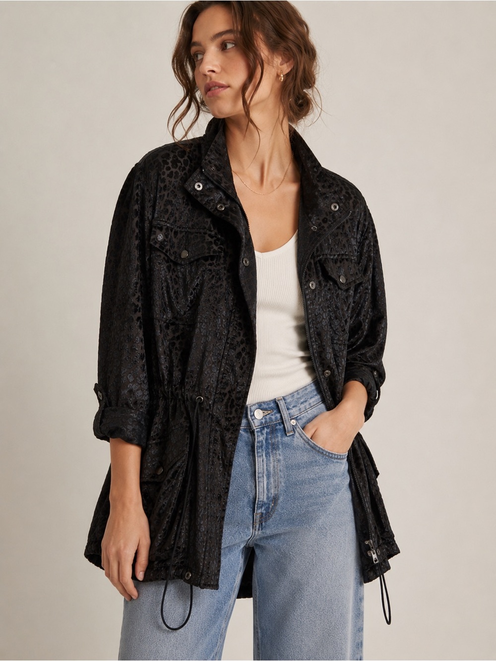 Calvin Klein Black Burnout Leopard Utility Jacket Oversized S/P